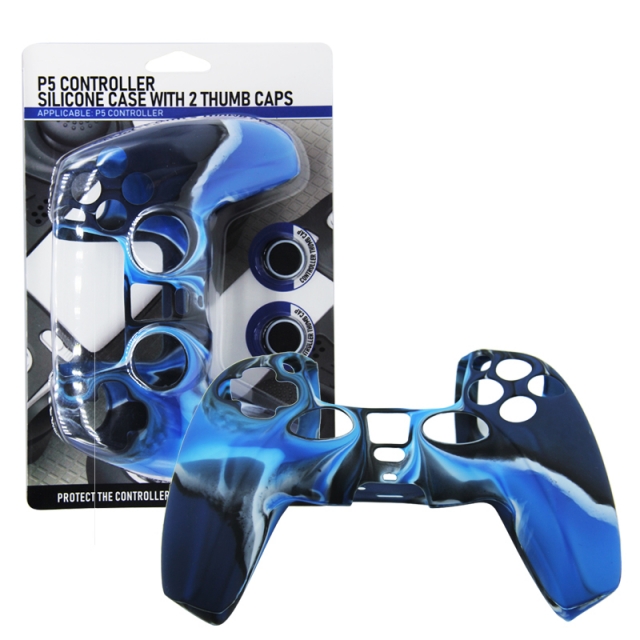 FUNDA SILICON Y CAPUCHONES CONTROL PS5 AZUL CON NEGRO
